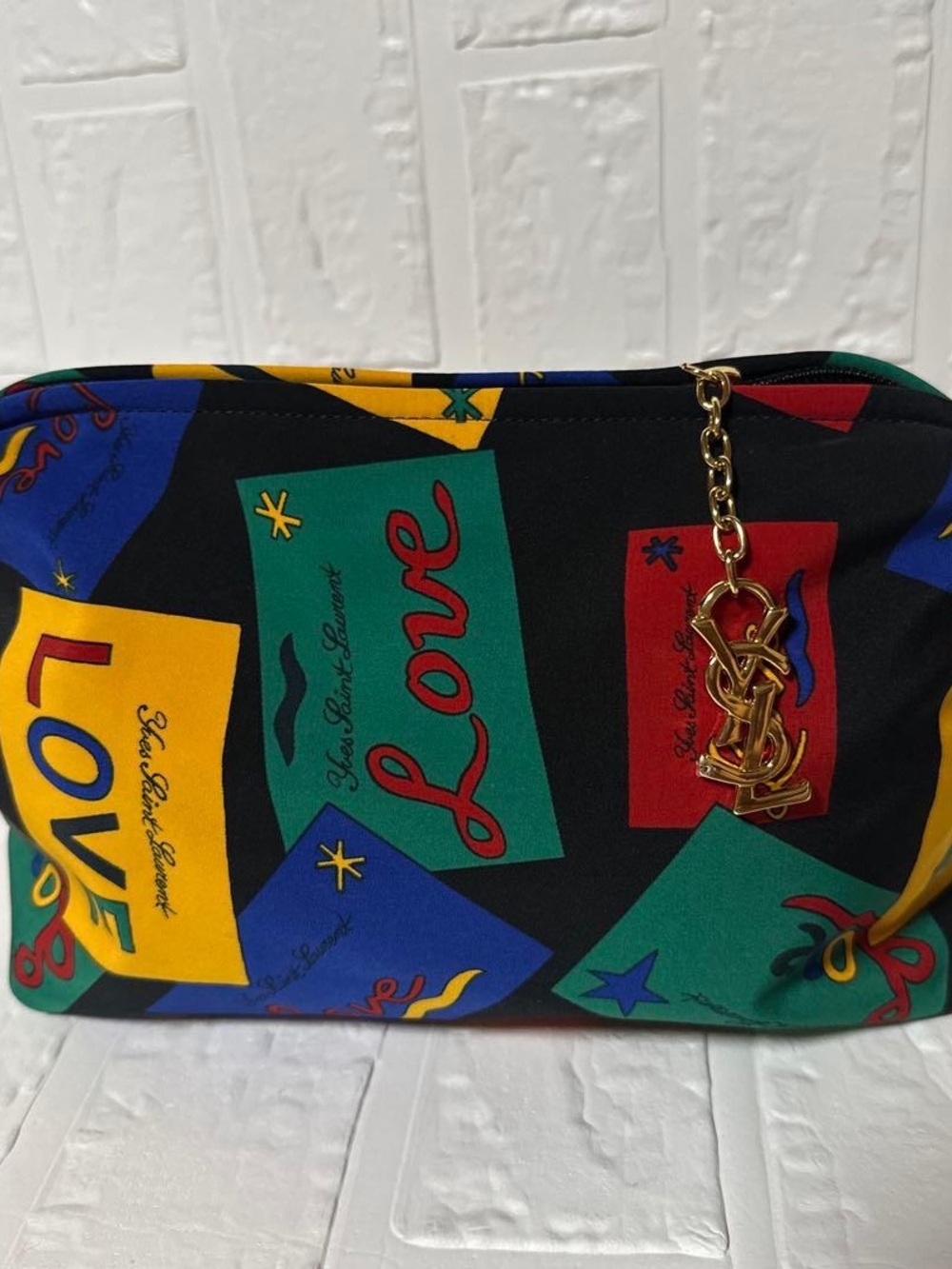 Vintage Yves Saint Laurent Black Multi 'Love' Zip Pouch with Gold YSL Charm